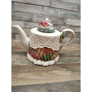 Vintage Fitz & Floyd 1992 34oz Knit Doily Christmas Teapot Cottage Core Granny